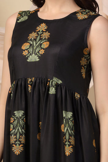 Womens Black Slub Floral Printed Knee Length Dress