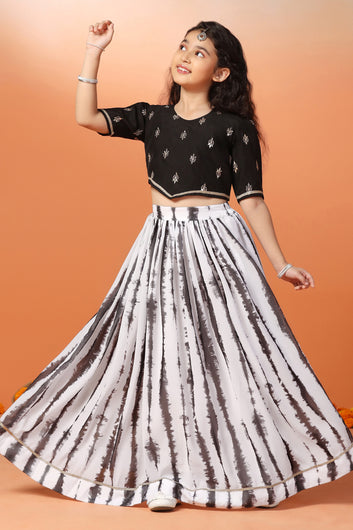 Girl's Black Georgette Tie & Dye Printed Lehenga With Embroidered Choli Set