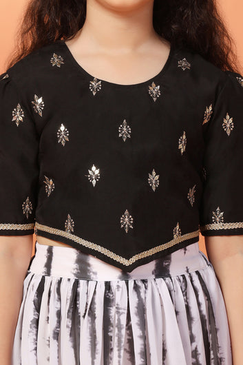 Girl's Black Georgette Tie & Dye Printed Lehenga With Embroidered Choli Set