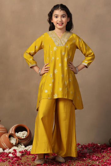 Girl's Yellow Roman Silk Foil Printed High Low Style Kurta and Palazzo Set