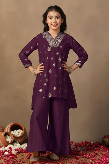 Girl's Dark Purple Roman Silk Foil Printed High Low Style Kurta and Palazzo Set