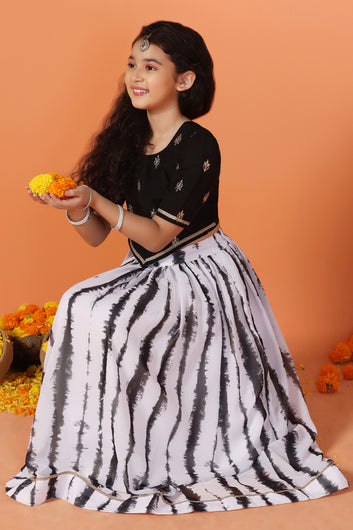 Girl's Black Georgette Tie & Dye Printed Lehenga With Embroidered Choli Set