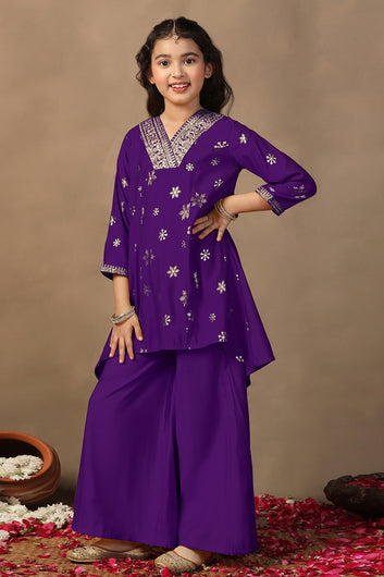 Girls Purple Silk Blend Floral Foil Print Kurta and Palazzo For Ethnic Set