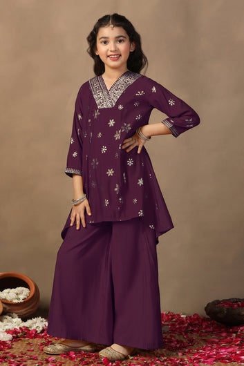 Girl's Dark Purple Roman Silk Foil Printed High Low Style Kurta and Palazzo Set