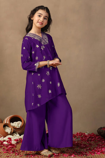 Girls Purple Silk Blend Floral Foil Print Kurta and Palazzo For Ethnic Set