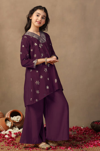 Girl's Dark Purple Roman Silk Foil Printed High Low Style Kurta and Palazzo Set