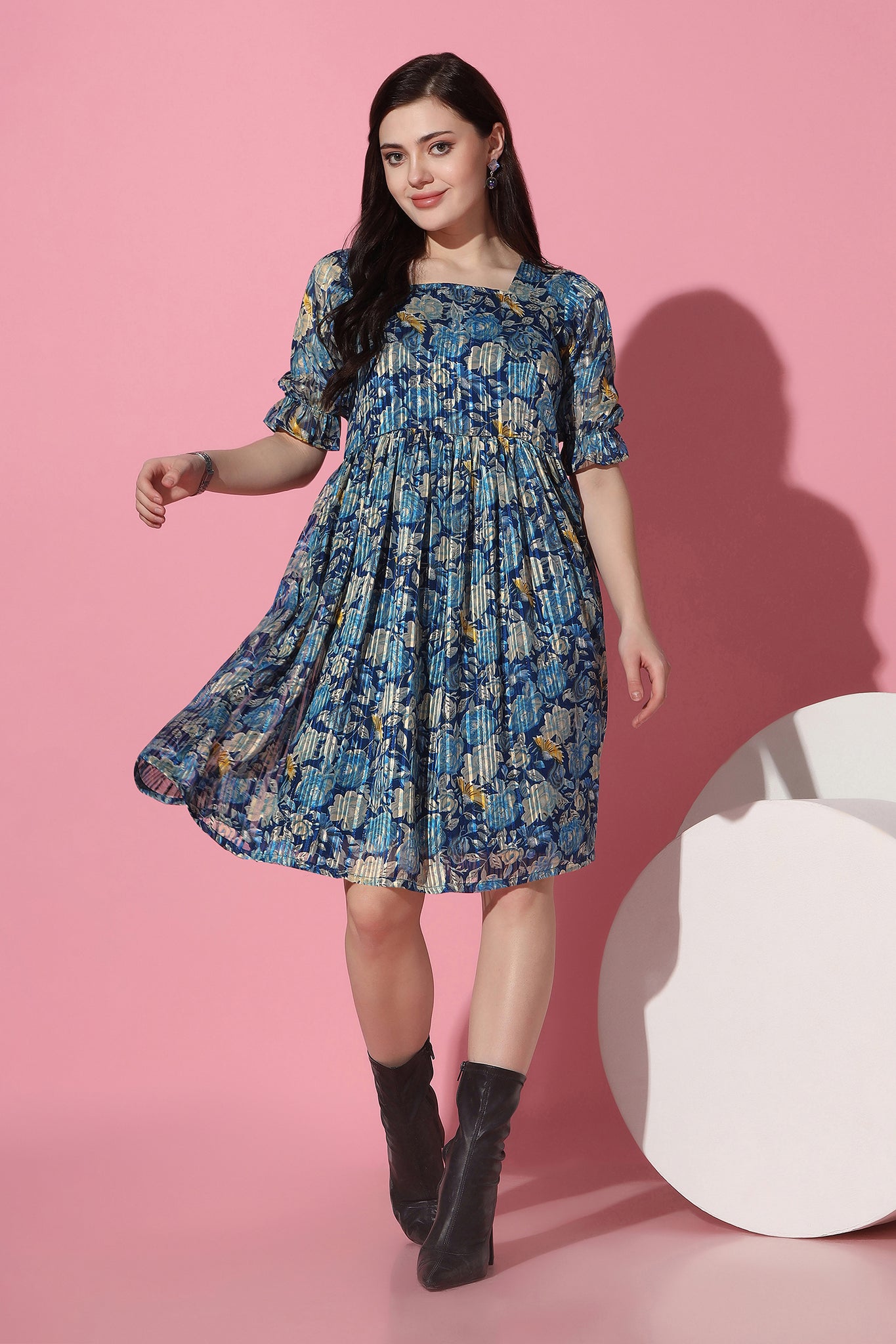 Womens Blue Georgette Floral Printed Knee Length Dress