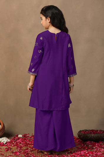 Girls Purple Silk Blend Floral Foil Print Kurta and Palazzo For Ethnic Set