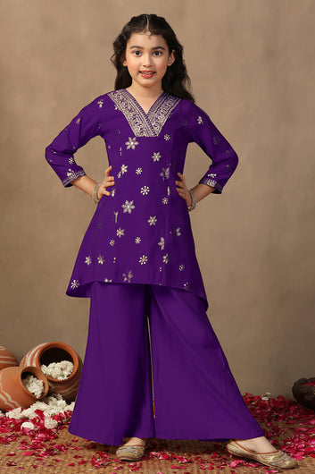 Girls Purple Silk Blend Floral Foil Print Kurta and Palazzo For Ethnic Set