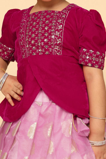 Girls Rani Pink Organza Embroidered Lehenga Choli Set
