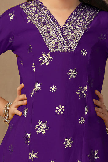 Girls Purple Silk Blend Floral Foil Print Kurta and Palazzo For Ethnic Set