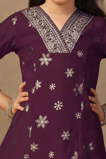Girl's Dark Purple Roman Silk Foil Printed High Low Style Kurta and Palazzo Set