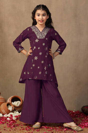 Girl's Dark Purple Roman Silk Foil Printed High Low Style Kurta and Palazzo Set