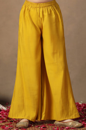 Girl's Yellow Roman Silk Foil Printed High Low Style Kurta and Palazzo Set