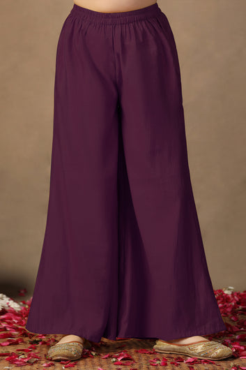 Girl's Dark Purple Roman Silk Foil Printed High Low Style Kurta and Palazzo Set