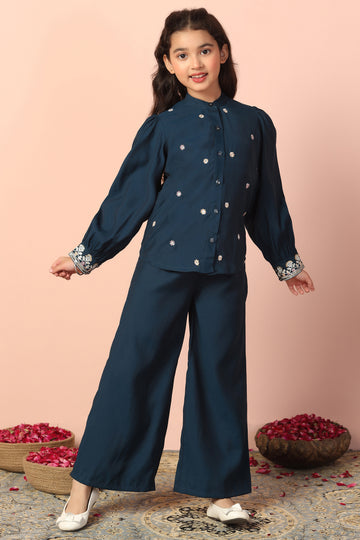 Girl's Chanderi Silk Blue Embroidered Shirt and Palazzo Set Indo western Set for Girls