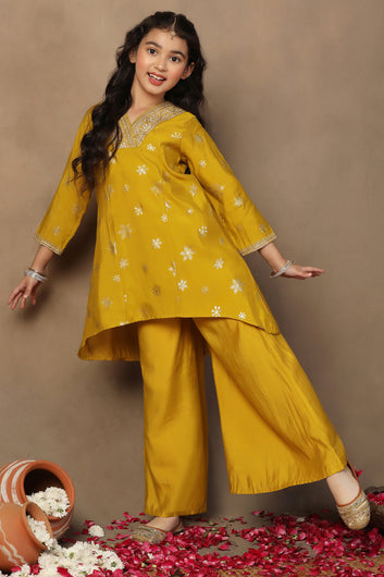 Girl's Yellow Roman Silk Foil Printed High Low Style Kurta and Palazzo Set