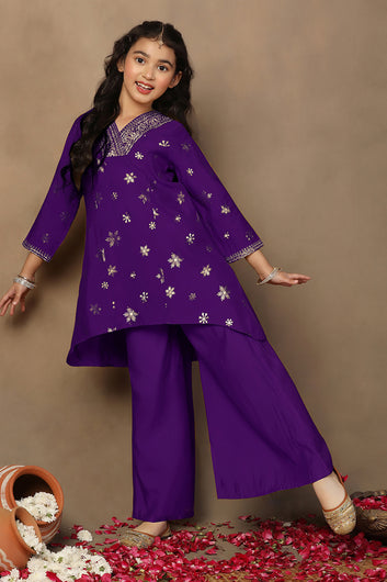 Girls Purple Silk Blend Floral Foil Print Kurta and Palazzo For Ethnic Set
