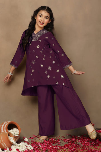Girl's Dark Purple Roman Silk Foil Printed High Low Style Kurta and Palazzo Set