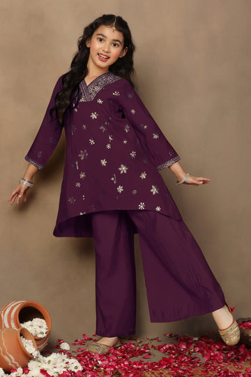 Girl's Dark Purple Roman Silk Foil Printed High Low Style Kurta and Palazzo Set