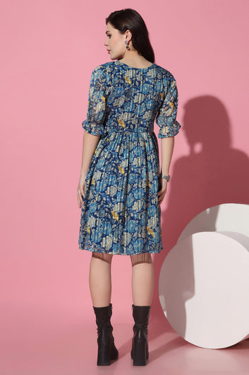 Womens Blue Georgette Floral Printed Knee Length Dress