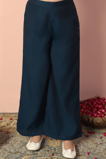 Girl's Chanderi Silk Blue Embroidered Shirt and Palazzo Set Indo western Set for Girls