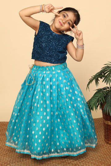 Girls Blue Organza Embroidered Lehenga Choli Set