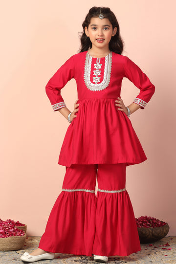 Girl's Chanderi Rani Embroidered Embroidered Peplum Style Kurta With Sharara Set