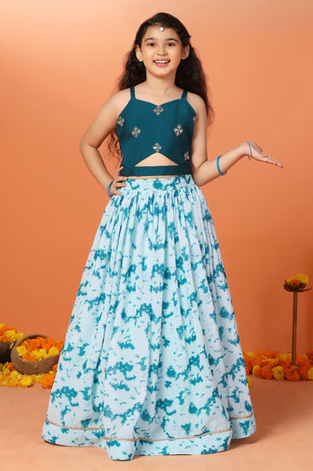 Girl's Rama Georgette Tie & Dye Printed Lehenga With Embroidered Choli Set