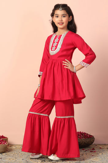 Girl's Chanderi Rani Embroidered Embroidered Peplum Style Kurta With Sharara Set