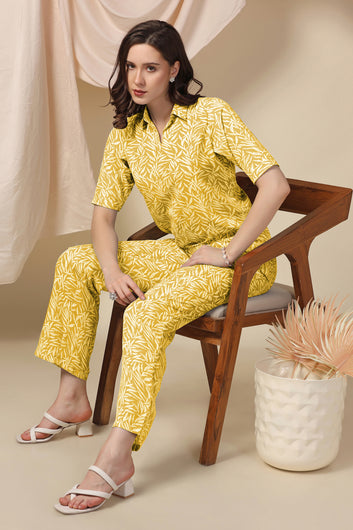 Womens Yellow Cotton Blend Abstract Printed Shirt Style Top With Trouser Set