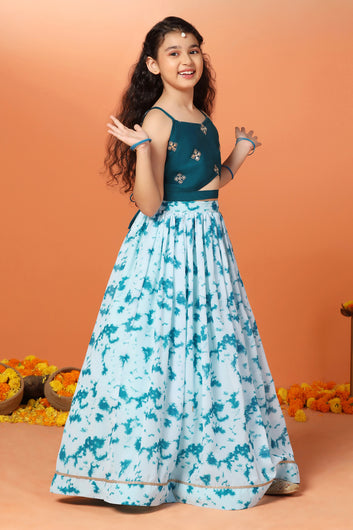 Girl's Rama Georgette Tie & Dye Printed Lehenga With Embroidered Choli Set