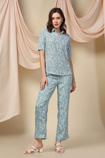 Women's Sea Green Polyster Leaf Printed Top and Pant Set