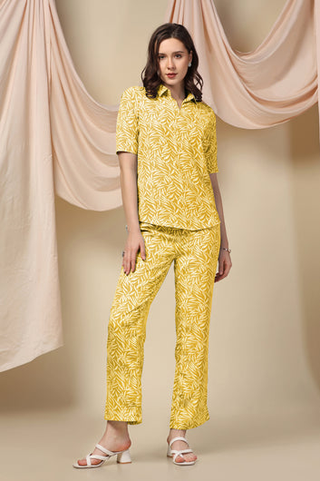 Womens Yellow Cotton Blend Abstract Printed Shirt Style Top With Trouser Set