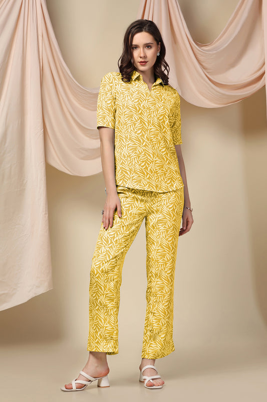 Womens Yellow Cotton Blend Abstract Printed Shirt Style Top With Trouser Set