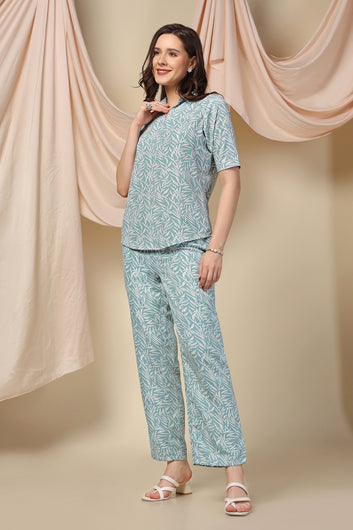 Women's Sea Green Polyster Leaf Printed Top and Pant Set