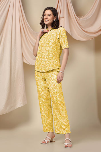 Womens Yellow Cotton Blend Abstract Printed Shirt Style Top With Trouser Set