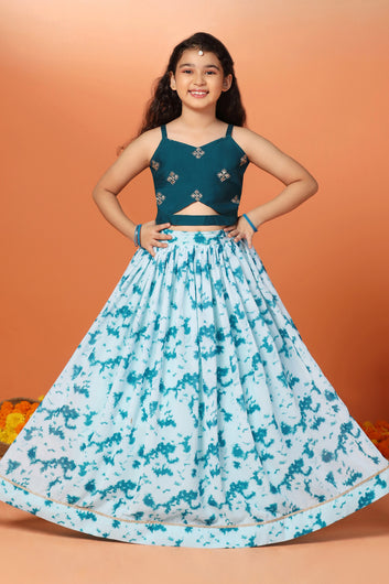 Girl's Rama Georgette Tie & Dye Printed Lehenga With Embroidered Choli Set