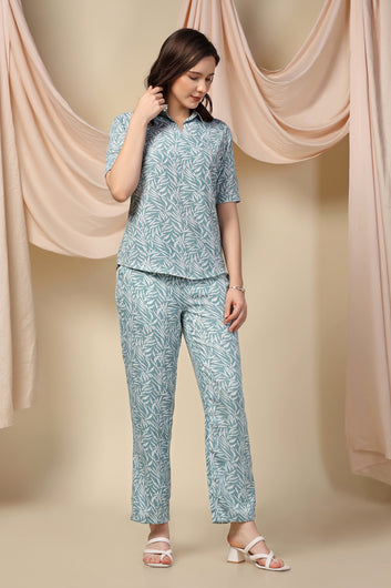 Women's Sea Green Polyster Leaf Printed Top and Pant Set