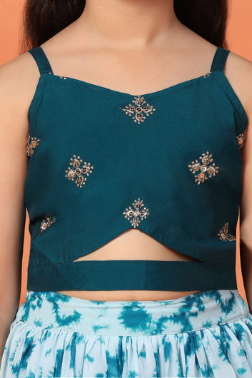 Girl's Rama Georgette Tie & Dye Printed Lehenga With Embroidered Choli Set