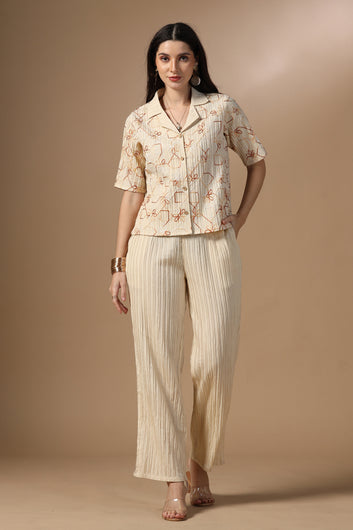 Womens Beige Cotton Blend Embroidered Co-ords Shirt With Pant Set