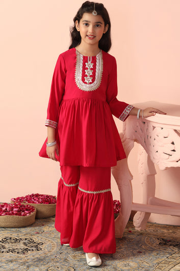 Girl's Chanderi Rani Embroidered Embroidered Peplum Style Kurta With Sharara Set