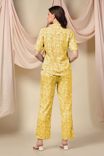 Womens Yellow Cotton Blend Abstract Printed Shirt Style Top With Trouser Set