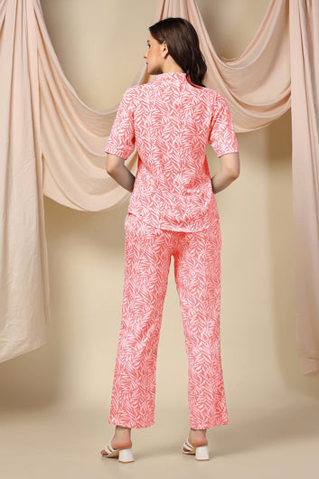 Womens Peach Cotton Blend Abstract Printed Shirt Style Top With Trouser Set