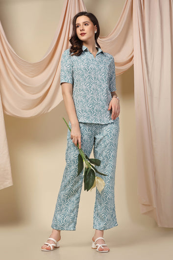 Women's Sea Green Polyster Leaf Printed Top and Pant Set