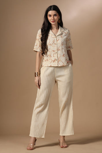 Womens Beige Cotton Blend Embroidered Co-ords Shirt With Pant Set