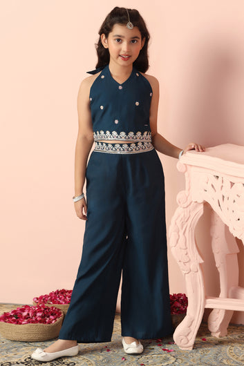 Girl's Chanderi Silk Dark Blue Embroidered Crop and Palazzo Set