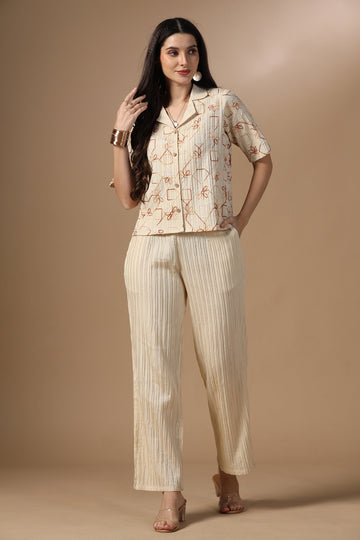 Womens Beige Cotton Blend Embroidered Co-ords Shirt With Pant Set