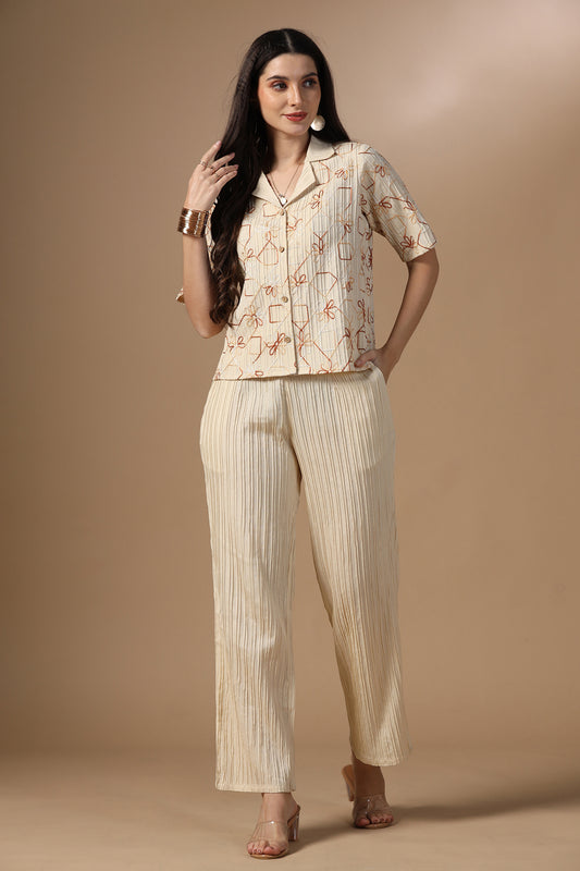 Womens Beige Cotton Blend Embroidered Co-ords Shirt With Pant Set