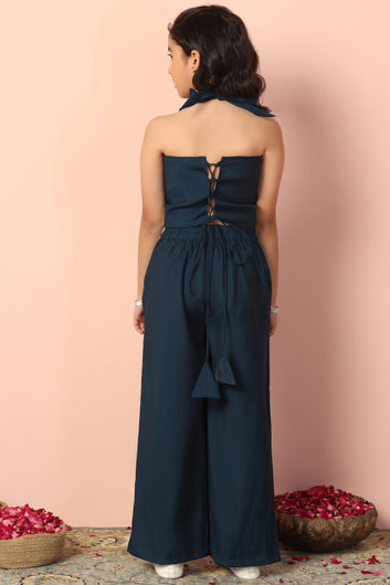 Girl's Chanderi Silk Dark Blue Embroidered Crop and Palazzo Set